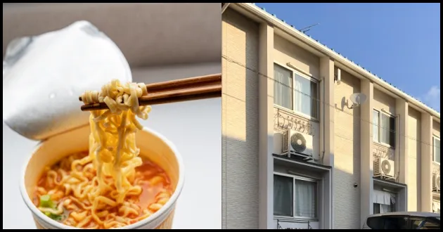 ラーメンの食事と社宅の外観。食事・住居支援のイメージ。